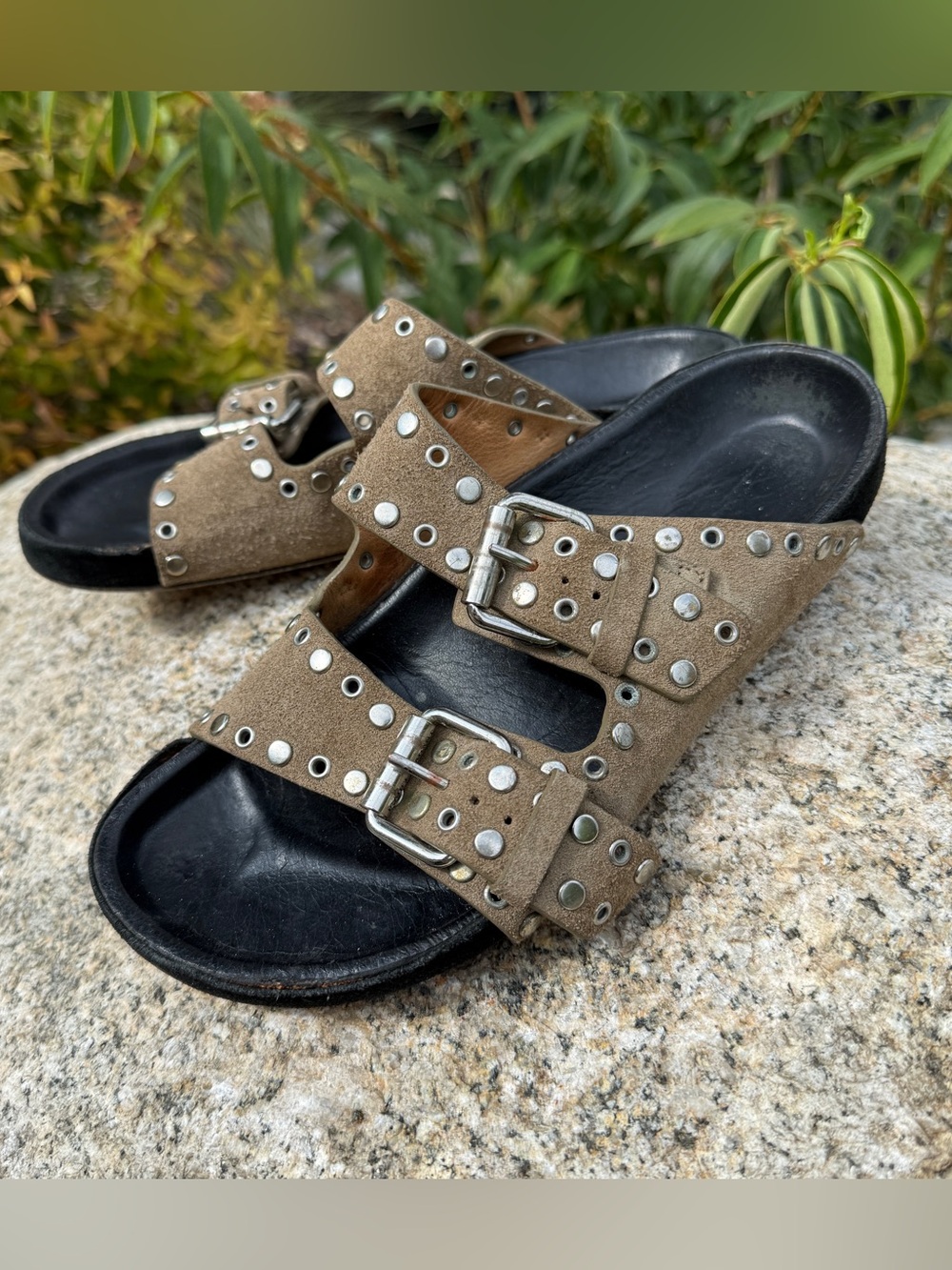 Isabel Marant Lennyo Sandals 36 Taupe Suede Studded Buckle Leather Boho Moto 6